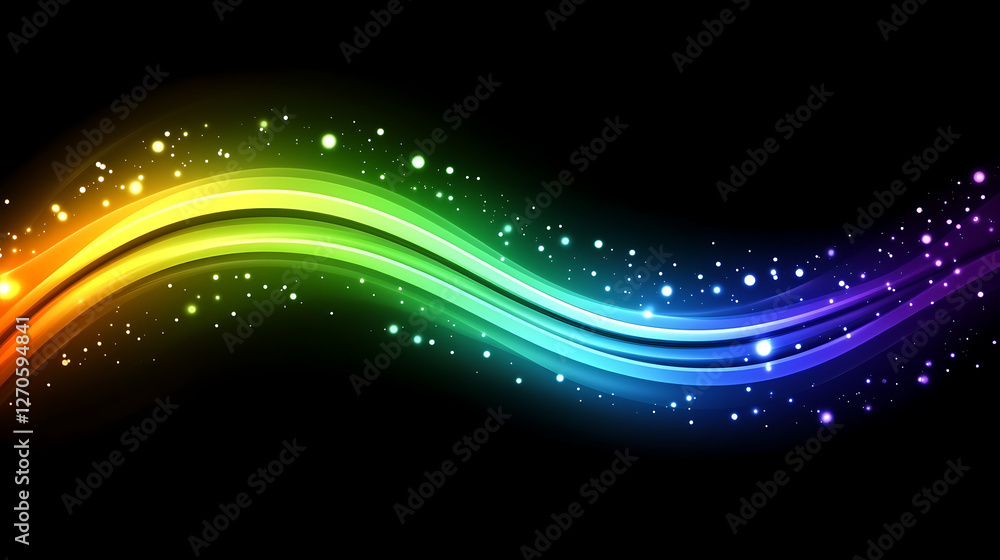 Poster dynamic luminous rainbow wave with sparkling particles on dark background displaying vivid colors
