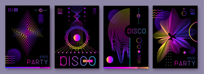 Set of retro futuristic holographic disco party posters, covers or banners with different geometric shapes. Fluorescent disco background. Flat design. Vector illustration © annbozhko