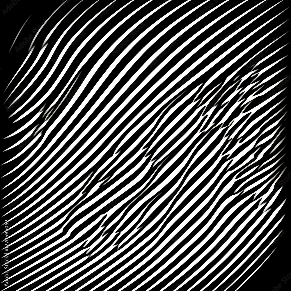 Poster dynamic optical illusion of diagonal stripes creating a distorted visual effect in black and white