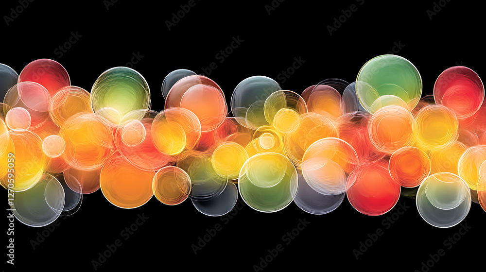 Poster dynamic overlapping circles composition rich warm color palette on a dark gradient background