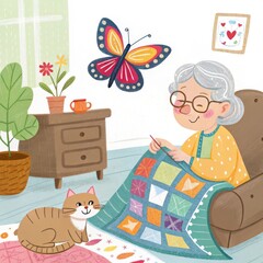cheerful grandmother enjoys sewing colorful quilt while sitting on cozy chair. playful cat lounges nearby, and vibrant butterfly flutters in room, adding to warm atmosphere