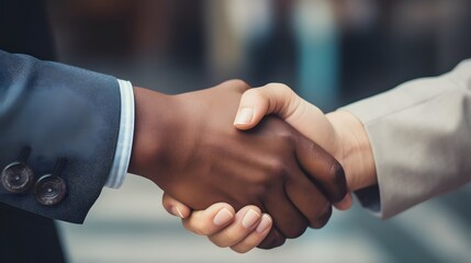 Two business professionals from different cultural backgrounds shaking hands signifying a successful multicultural in a formal office or corporate workplace setting
