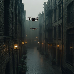 Dystopian Alleyway Surveillance Drones Navigate Foggy Urban Terrain in a Cinematic Scene