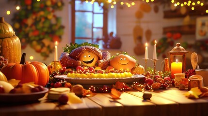 Festive Thanksgiving Table with Colorful Decorations and Smiling Foods