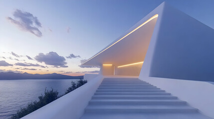Modern white building sunset seaside stairs