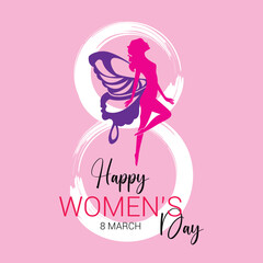 Happy Women's Day 8th march greeting card. Vector illustration in trendy minimalist style of flying women. Isolated on pink background