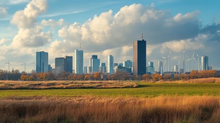 Urban skyline with wind turbines and green fields in the foreground