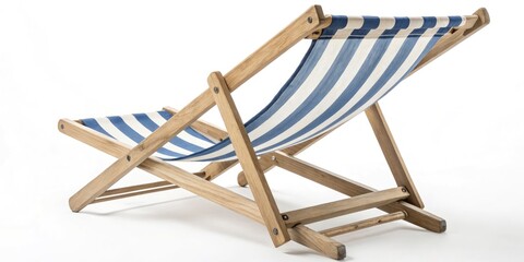 Classic Wooden Beach Chair with Blue and White Stripes - High-Definition Double Exposure Photography, Isolated on White Background, Sharp Details, Studio Lighting for Stunning Visuals