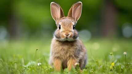 Fototapeta premium Domestic rabbit with long elegant ears sitting peacefully on lush green grass in a serene outdoor setting The fluffy white animal has a calm and gentle expression
