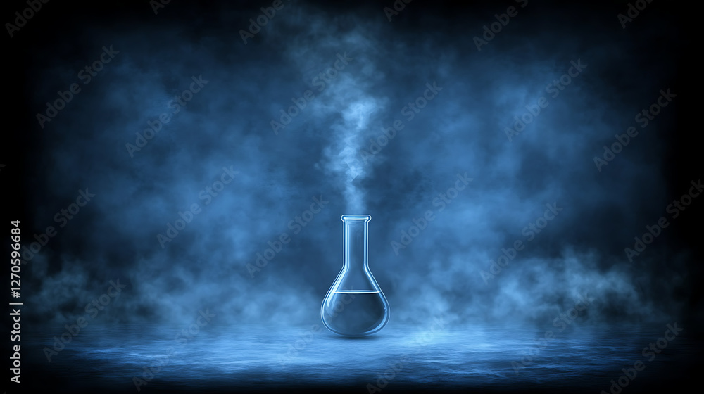 Poster eerie science lab experiment with flask and mysterious vaporous emanation in dim illumination
