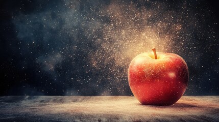 Fresh Red Apple on Wooden Table with Magical Dust and Atmospheric Background