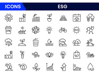 ESG flat line icon set. Outline icon collection related to ecology, environment social governance, risk management, sustainable developmen and more.