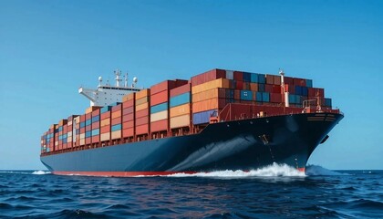 Container cargo freight ship with containers sailing in the crystal blue ocean. Suitable for marketing or business purposes. Panoramic banner with place for text