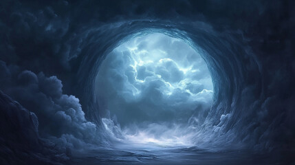 dramatic tunnel leading into a dark, ominous grey sky, symbolizing mystery, uncertainty, and the journey into the unknown