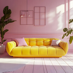 3D rendering of a vibrant yellow sofa in a soft pink living room, creating a bold and playful atmosphere