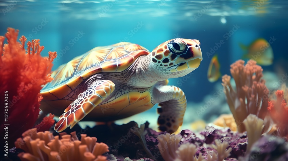 Poster a tiny green turtle swimming gracefully in a clear tranquil aquarium its shell patterns and gentle m