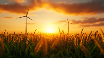 Golden Wheat Field with Wind Turbines at Sunset Generating Renewable Energy