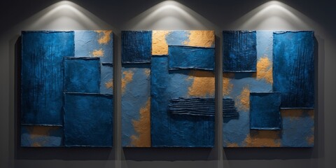 Abstract Expressionism Triptych Textured Panels in Deep Blues and Warm Golds with Dramatic Side Lighting.