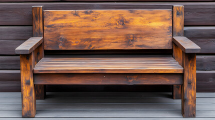 Wooden bench against cabin wall, outdoor setting