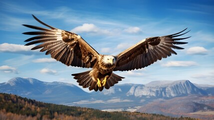 Fototapeta premium Powerful graceful eagle with wings fully spread soaring effortlessly through a tranquil blue sky This striking image captures the beauty and freedom of nature s apex predator in flight