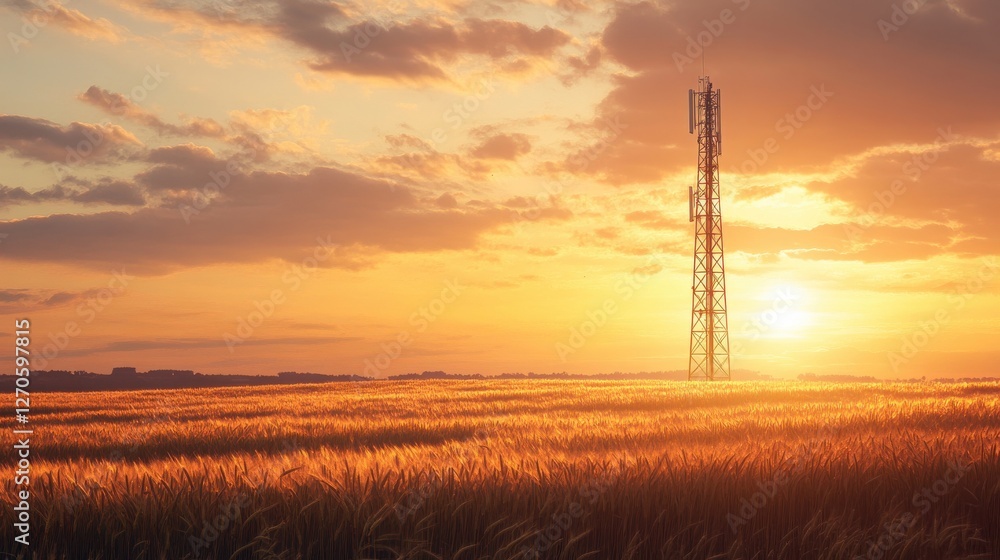 Poster sunset over wheat field with communication tower in background