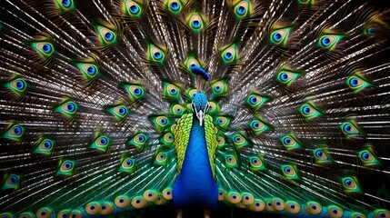 Obraz premium Majestic Peacock Displaying its Spectacular Vibrant Feathers Revealing the Stunning Intricate Patterns and Ornate Details of its Ornamental Plumage