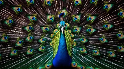 Obraz premium A breathtaking image of a peacock showcasing its magnificent vibrant feathers in stunning high detail The bird s ornamental plumage is on full display