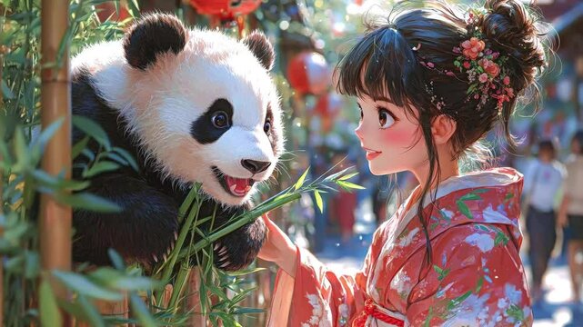 Excited anime girl in a kimono adoring a playful panda munching on bamboo in a vibrant outdoor setting