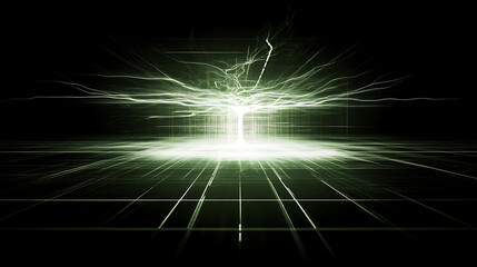 Obraz premium Electric Tree of Life Emerging Through a Futuristic Grid System with Green Tones and Energetic Sparks
