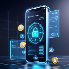 Experience the future of digital banking and secure transactions with this sleek, high-tech illustration. A transparent smartphone screen showcases a modern 