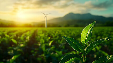 Green Crop Field with Wind Turbine and Mountain Background during Golden Sunset
