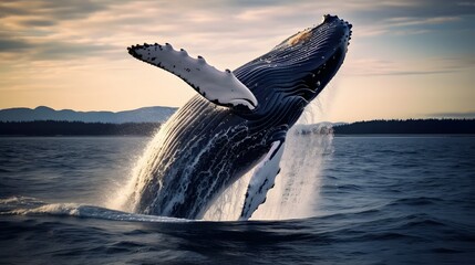 Obraz premium Majestic humpback whale breaching the ocean surface creating a dramatic splash and display of power and grace