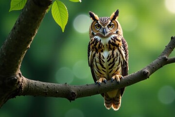 Obraz premium Delicate branch supports majestic owl's slender neck, wildlife, nature, owls