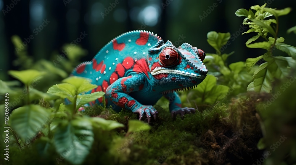 Poster chameleon expertly blending into lush green foliage displaying remarkable camouflage and adaptation 