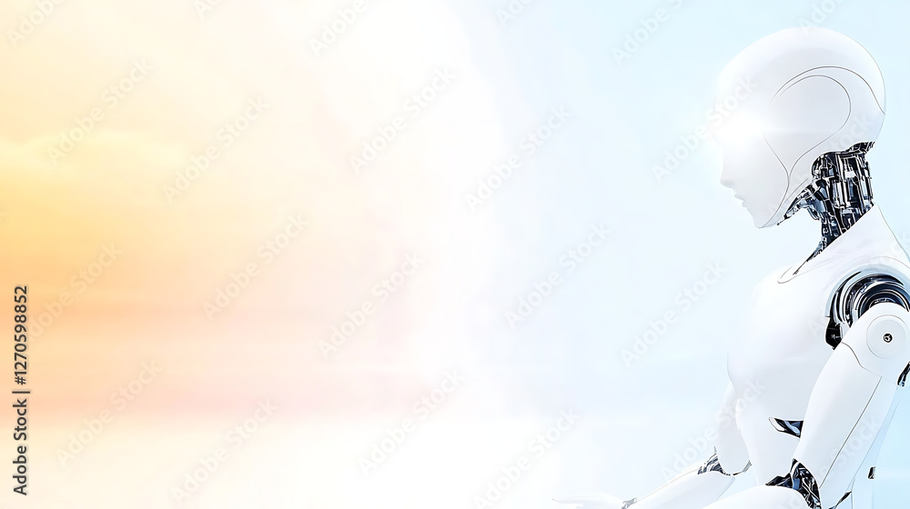 Poster elegant android robot looking forward with bright eyes in artificial intelligence world background