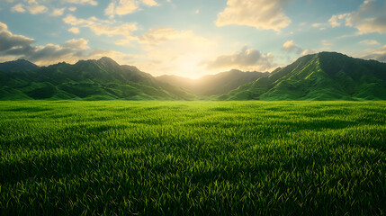 Fototapeta premium Green Field and Mountains at Sunset Pixel Art Landscape With Vibrant Greenery and Mountains Under a Sunset Sky