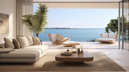 Obraz premium Luxurious modern living room with stunning sea views, featuring minimalist design, natural light, and elegant decor, creating a serene atmosphere of relaxation and tranquility. 