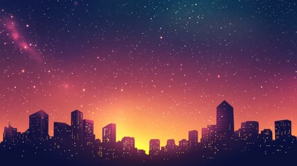 City Skyline Silhouette Against Twilight Sky with Stars and Galaxy
