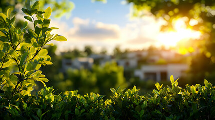 Obraz premium Green Foliage Shines at Golden Hour with a Soft Focus Background of Trees and Residential Building in a Natural Setting