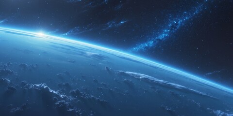 Naklejka premium Earth from Space Illuminated by Blue Horizon Starry Background in Futuristic Digital Art.