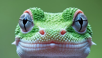 A close up of a gecko's face with a green background