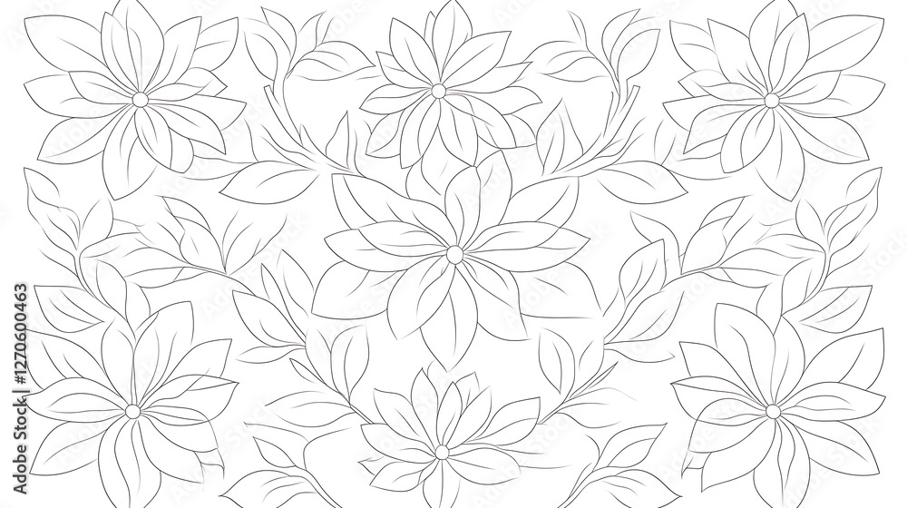 Poster elegant flower arrangements with intricate leaves pattern in a seamless botanical design outline