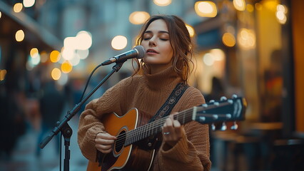 A white woman with a jacket singing and playing guitar on the streets of a city, street performer side hustle