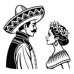 Mexican couple in traditional attire, a man in a sombrero and a woman with flowers in her hair, looking at each other in a black and white vector illustration.