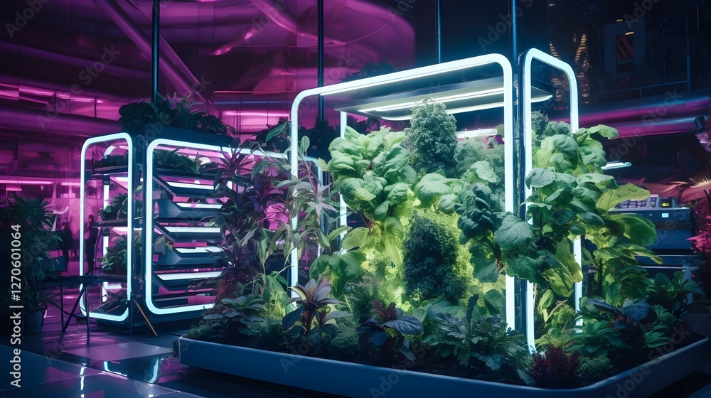 Poster innovative vertical farm featuring advanced crop monitoring and automated systems for sustainable hi