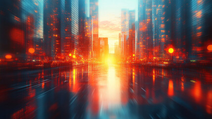 A futuristic cityscape with towering skyscrapers and abstract, modern architecture symbolizing progress, innovation, and the evolution of urban life, set in a dynamic, high-tech environment