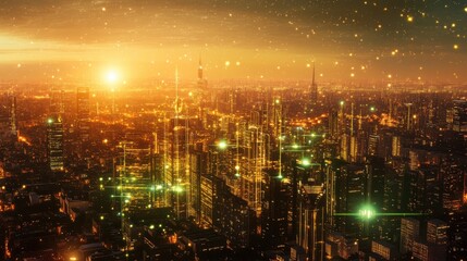 Obraz premium Golden Sunset Over a Sparkling Urban Skyline at Dusk