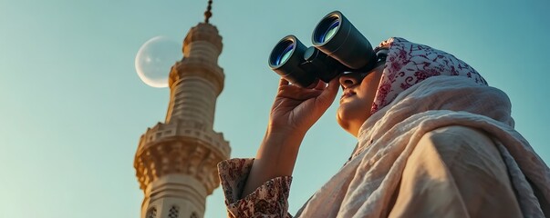 Woman wearing headscarf uses binoculars near a mosque minaret