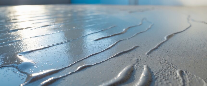 Wet cement with a glossy surface reflecting a bright background