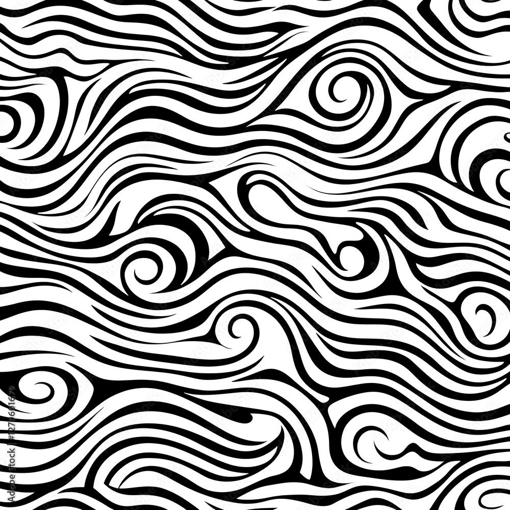 Poster elegant seamless pattern of flowing black and white waves design with swirls for backgrounds or text